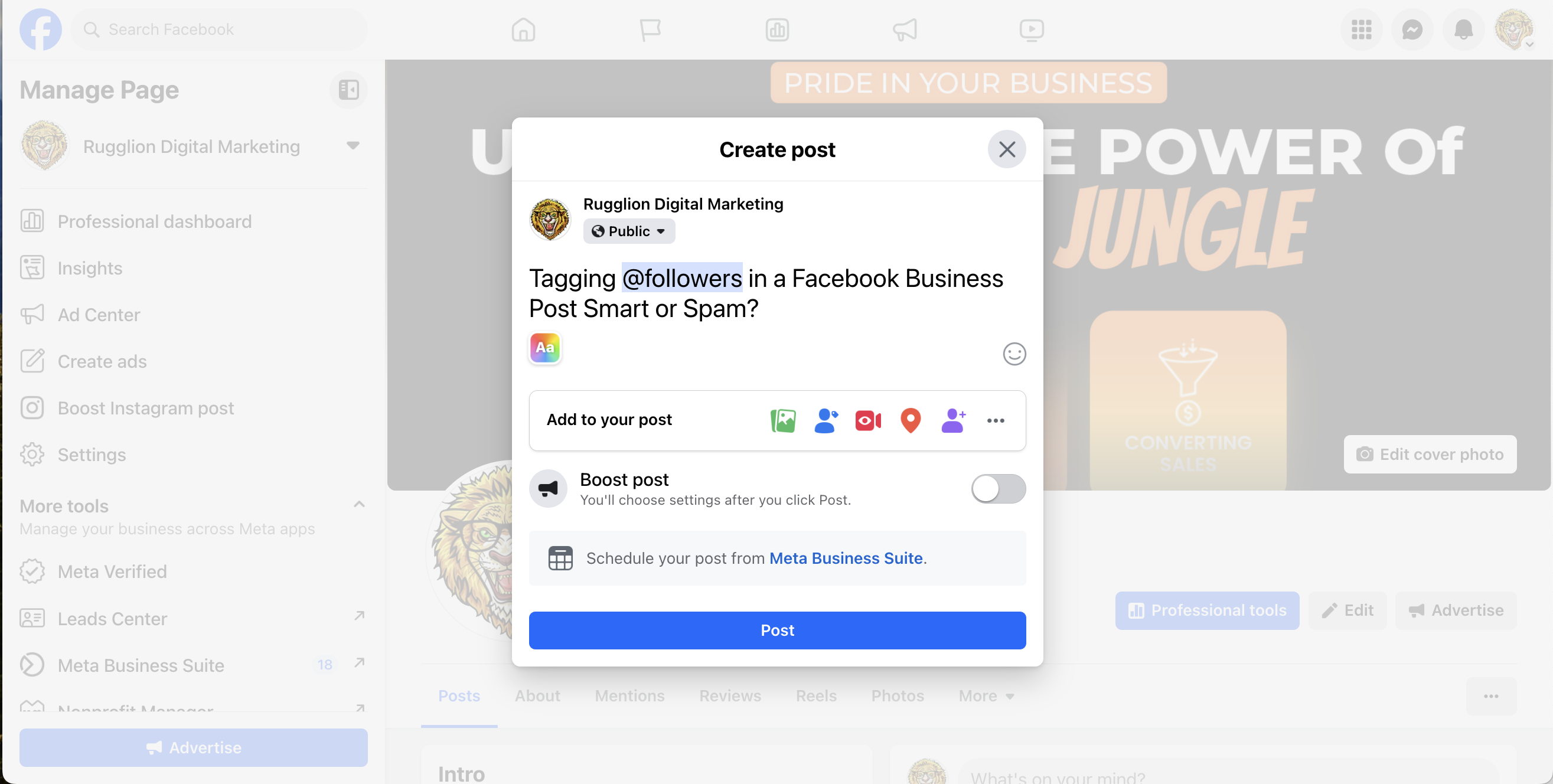 Screenshot of a Facebook business page post creation screen for Rugglion Digital Marketing